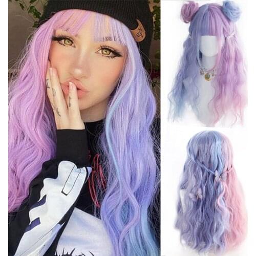 HOUYAN Long wavy volume silver purple synthetic wig cosplay headband party Lolita heat-resistant synthetic ladies wig silver blu