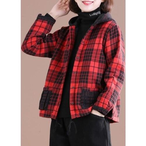 Hooded Casual Short Jacket Womens Autumn Winter New Korean Version Of The Loose Large Size Was Thin Warm Casual Plaid Outwear
