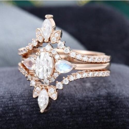 EDI Oval Cut Moissanites Halo Unique Engagement Ring Pear Shaped Moonstone Marquise Cut Ring 14k Rose Gold Wedding Bridal Set