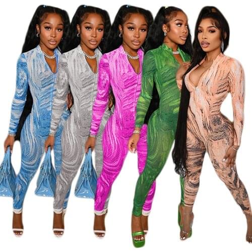 Somoshein Elegant Wave Print Sexy Jumpsuits Tie Dye Party Clothes Long Sleeves Bodycon V-neck Club Outfits for Women Wholesale