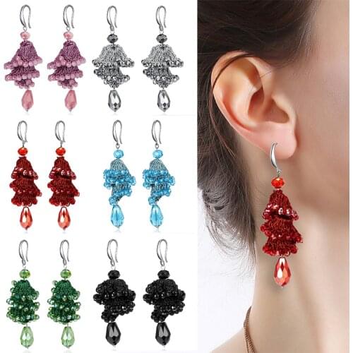 Ethnic Seed Beads Tassel Earrings For Woman Big Waterdrop Crystal Earrings Handmade Weave Long Dangle Drop Earrings Boho Jewelry