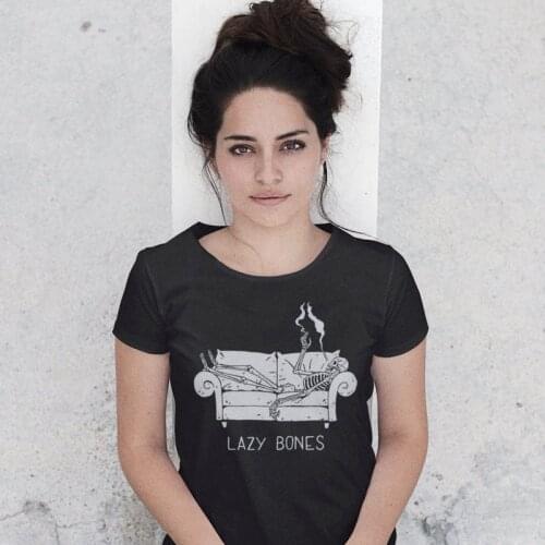 Lazy Bones 100% Cotton T-shirt Funny Always Tired Skeleton Quotes Top Tee Aesthetic Women Hipster Gothic Tshirt