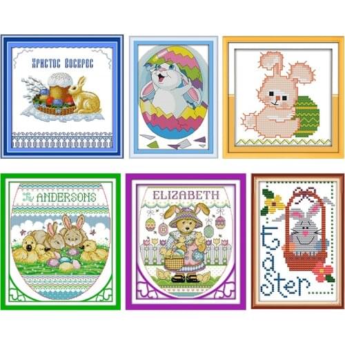 Joy Sunday Stamped Cross Stitch Kits Easter Egg Hunt Rabbit Patterns Printed 11CT 14CT Print Counted Embroidery Needlework Sets