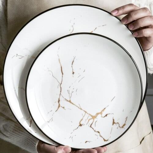 Black Border Ceramic Plate Creative Marble Dinner Plates Nordic Round Dessert Dishes Household Tableware Platos De Cena