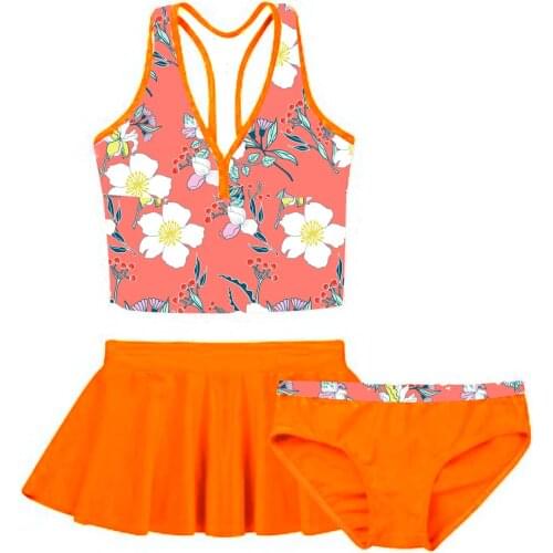3PCS Kids Girls Tankini Swimwear 2021 Floral Printed Swimsuit Bathing Suit Tops with Bottoms Skirt Set Children Beachwear Outfit