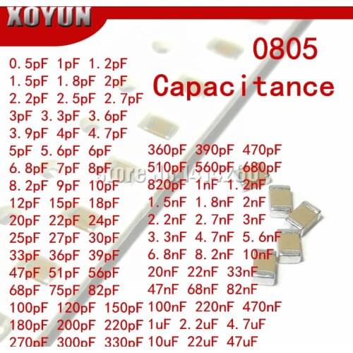 100pcs 0805 50V SMD Thick Film Chip Multilayer Ceramic Capacitor 0.5pF-47uF 10NF 100NF 1UF 2.2UF 4.7UF 10UF 1PF 6PF