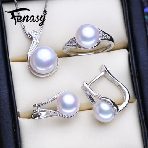 FENASY 925 Sterling Silver Pendant Necklace Natural Pearl Jewelry Sets For Women Classic Stud Earrings Fashion Party Rings