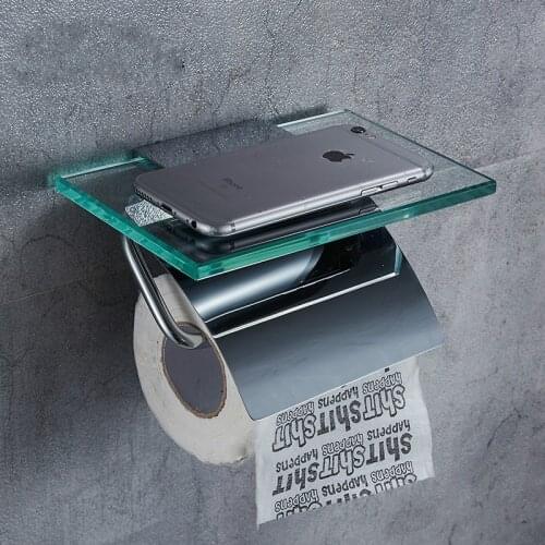 Wall Mounted Toilet Paper Holder Glass and Copper Towel Rack Paper Roll Storage Rack for Toilet Bathroom Kitchen WF