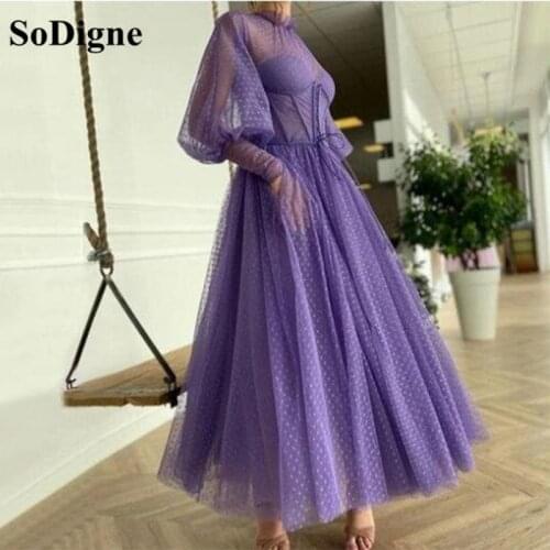 SoDigne Purple Dotted Tulle Prom Dress O-Neck Long Puff Sleeves A-Line Party Dresses Buttoned Top Tea-Length Evening Gowns