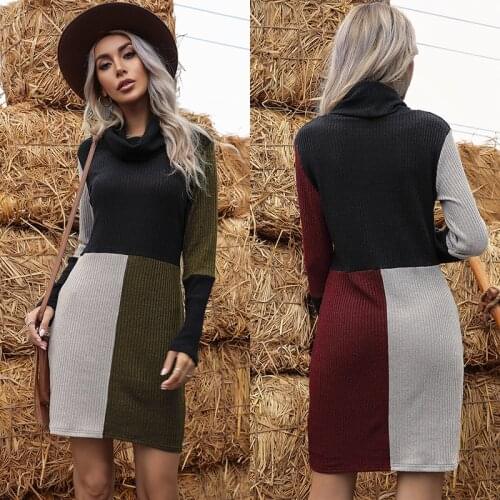 Women Sweater Dress Autumn 2021 Contrast Color Patchwork Long Sleeve Knitted Slim A-Line Bodycon Winter Female Vestido C2858