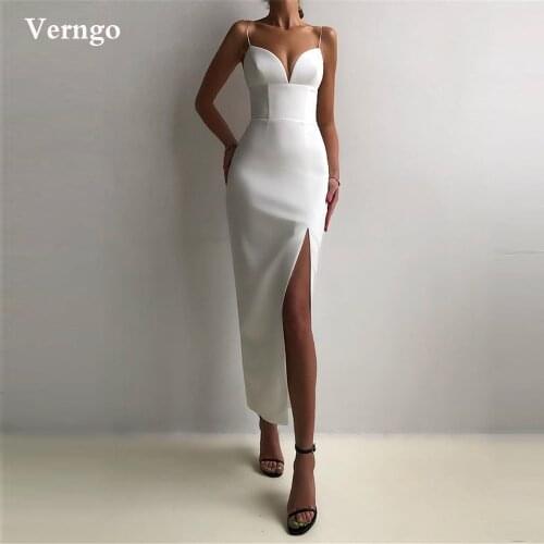 Verngo Simple White/Pink Evening Dresses Spaghetti Straps Side Slit Ankle Length Party Gowns 2021 Formal Prom Gowns Custom Made