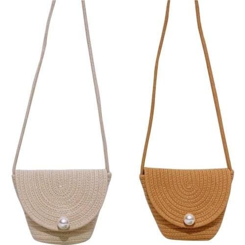 Sweet Style Shoulder Bag Girls Creative Straw Braid Faux Pearl Bow Decoration Crossbody Messenger Bag for Travel Beach