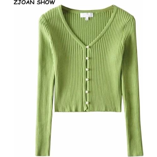 2020 CHIC Retro Knitting Single Breasted Pearl Cardigan Sweater Woman Stripe line V neck Long Sleeve Jumper Knitted Knitwear