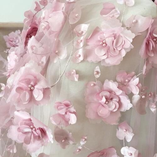 1 Yard Dusty Pink 3D Beaded Blossom Tulle Embroidery Lce Fabric by Yard ,DIY Sewing Fabric Prom Dress Couture Fabric 130cm wide