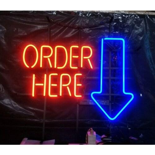 19“x15" Order Here Arrow Food Bill Neon Light Lamp Sign Beer Bar Handmade Glass Decorate Home Wall Room Windows Display Artwork