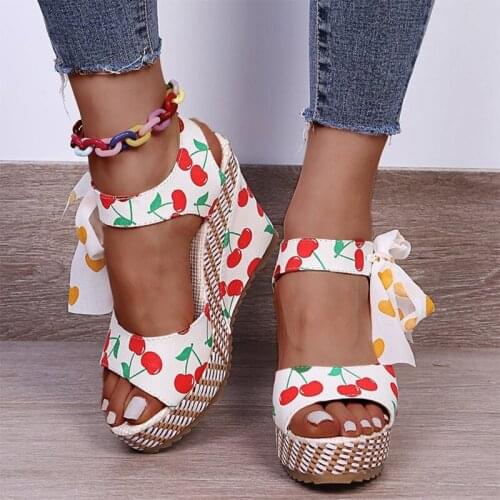 2021 Women Bow Lace Up Peep Toe Wedges Print Sandals Woman Summer Casual Humps Female Comfortable Shoes Ladies Big Size 43