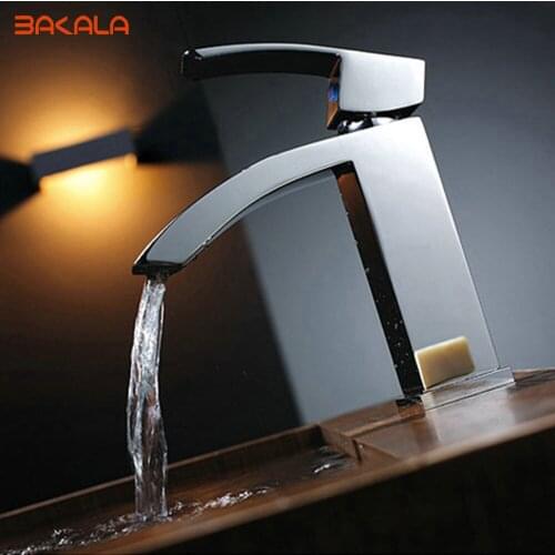 BAKALA Unique Single Handle Waterfall Bathroom Vanity Sink Faucet with Extra Large Rectangular Spout Chrome LH-8028