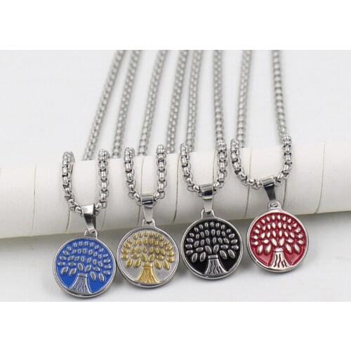 60CM Length Chains Colored oil drops Tree pattern Stainless Steel Round Pendant Necklace