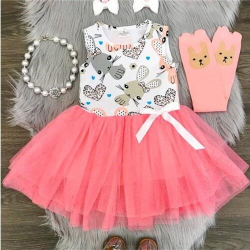 Kids Dress, Easter Cartoon Rabbit Print Round Collar Lace Patchwork Sleeveless One-Piece Sundress for Summer 2021