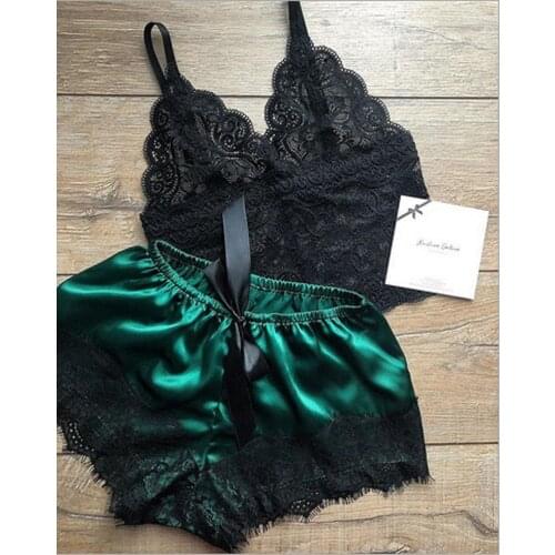 Womens Pajamas Sleepwear Sexy Lace Lingerie Summer Thin Pyjamas Women Set Sexy V-neck Backless Pijamas Female