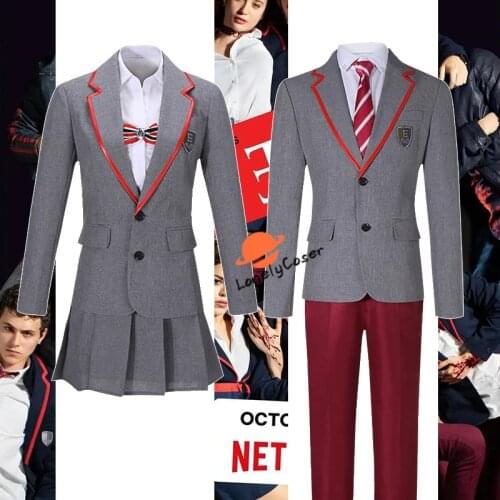 Elite School Uniform Cosplay Costume New TV High School JK Uniform Gray Jacket Pants Belt Tie Skirt Halloween for Girls Boys