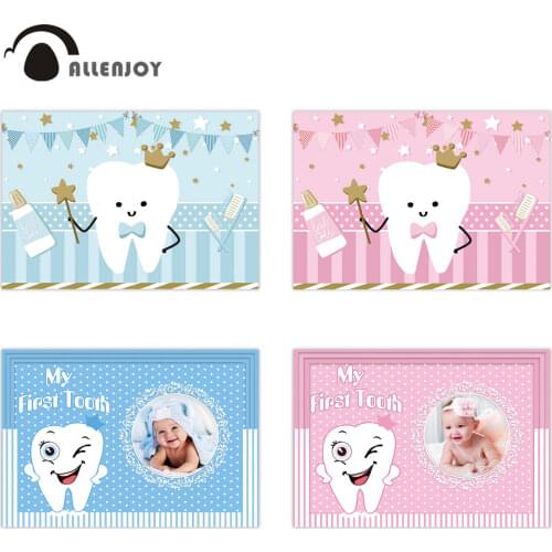 Allenjoy my first tooth party backdrop pink girl Happy birthday Photozone Crown banner Celebrate Baby Shower Newborn Background