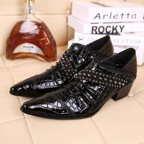 Italian Leather Mens Dress Shoes High Heels Oxford Vintage Pointed Toe Chaussure Homme Luxury Male Formal Party Alligator Shoes