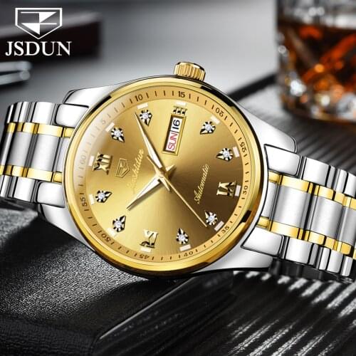 JSDUN Brand Top Automatic Mechanical Mens Watch Luxury Japanese Movement Watch Stainless Steel Calendar Waterproof Watch 8763