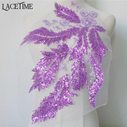 Leaf Pearl Beaded Lace Applique With Sequins Navy Blue Purple Sewing Trim DIY Embroidery Lace Fabric Sewing Craft