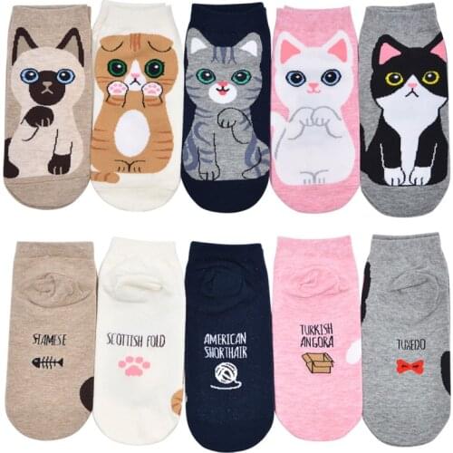 5 Pairs Womens Cotton Cartoon Cat Short Socks Fashion kawaii Cute Animal Print Sock Summer Female Girl Funny Ankle Socks
