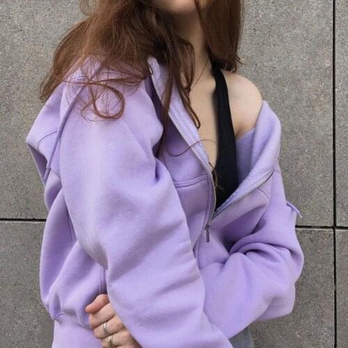 New Women Hoodies Sweatshirts Casual Purple Long Sleeve Zipper Pocket Hooded Sweatshirt Top Zipper Coat Outswear women clothing