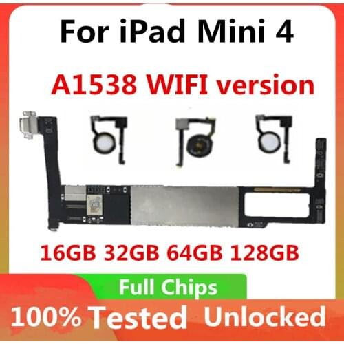 A1538 For iPad mini 4 WiFi Version Original Unlocked Motherboard 16G 32G 64G 128G Logic Board Support OS With / No touch ID MB