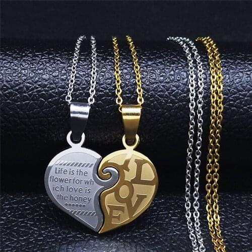 2PCS Love Heart Crystal Stainless Steel Couple Necklaces Women/Men Gold Silver Color Pendant Necklace Jewelry colgante NXH2S01