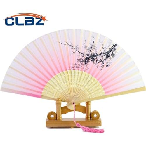 Hand Fold Fan Vintage Style Bamboo Wood Silk Flower Japanese Chinese Artificial Pink Pai Weddding Girl Man Dance Decorate Home