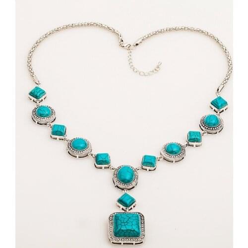 Blue Cracked Figure Square Oval Geometric Stone Vintage Silver Plated Necklace for Women Around 56 cm