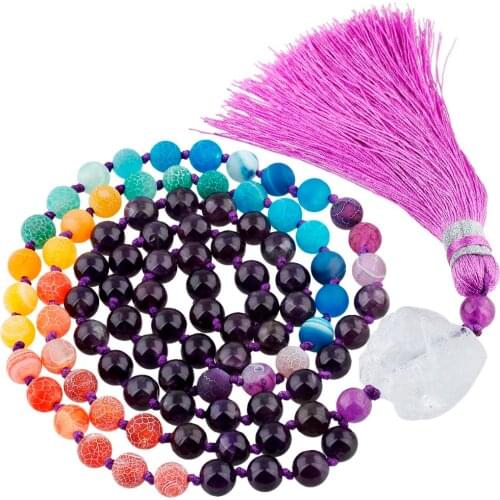 SUNYIK Purple Crystal Quartz 7 Chakra Stone Bracelet Tibetan Buddhist Prayer Beads Necklace With Irregular Crystal