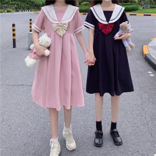 Lolita Clothes Long Sleeve Pink Blue Casual Loose Kawaii Lolita Dress Gothic Vintage Harujuku Girlfriend Navy Collar A Line Club