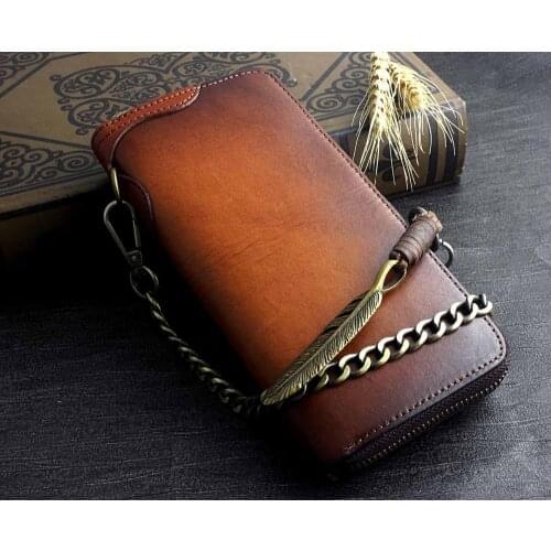 Tan Vintage Leather Biker Rocker Long Wallet Purse Clutch With Metal Chain