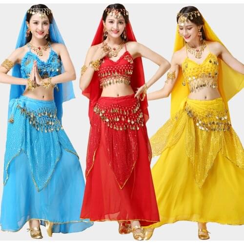 2019 Belly Dance Costume Set Sexy Belly Dance Skirt Indian Jewelry Belly Dance Dress Female Oriental Dance Costumes 4pcs DQS258