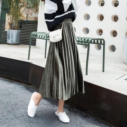 2021 Spring Women Long Metallic Silver Maxi Pleated Skirt Midi High Waist Elascity Casual Party Long Skirts for Women