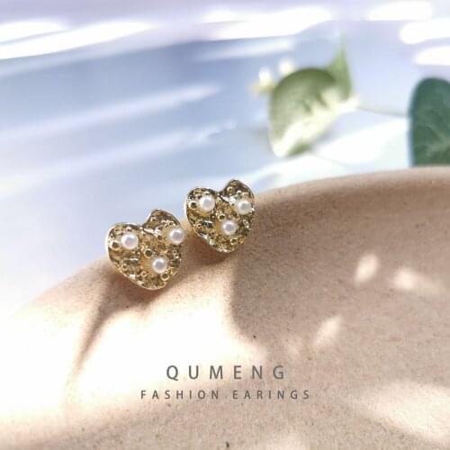 QUMENG cute heart earrings stud Earrings For Women Pearl Alloy 2020 korean new fashion earrings sweet beautiful girls gifts