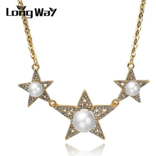 LongWay New Gold Color Chain Necklaces Imitation Pearl Pendants Surround Austrian Crystal Star Bijoux For Women Gift Sne150813
