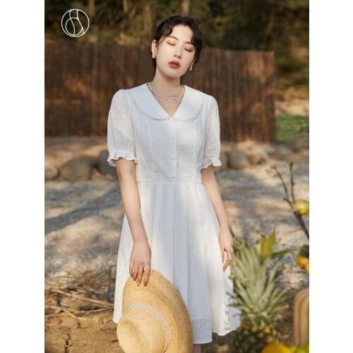 DUSHU Women Embroidered Dress Summer 2021 New White French Retro Mid length Platycodon Skirt Dresses For Women