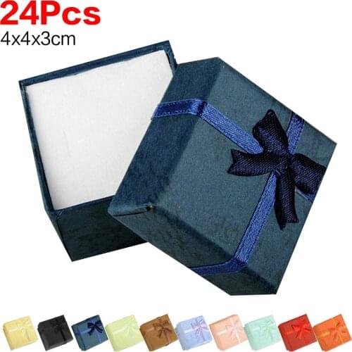 24pcs/lot Jewelry Sets Display Box Carton Necklace Earrings Ring Box 4x4x3cm Packaging Gift Box Case with Sponge & Satin Ribbon