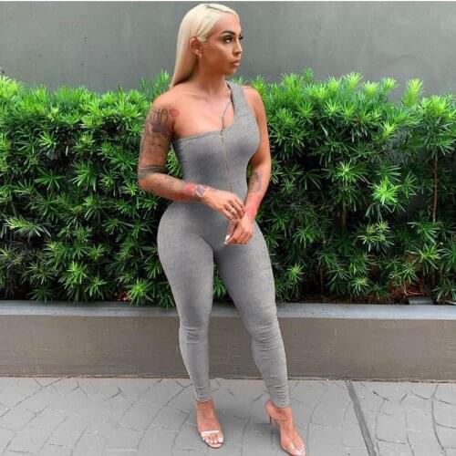 Adogirl Sleeveless Irregular One Shoulder Front Zipper Jumpsuit Fitness Yoga Sporty Rompers Sexy Active Wear Outfits Streetwear