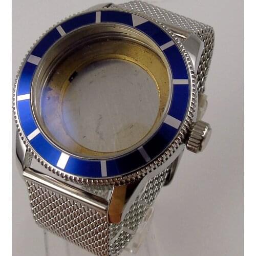 46mm watch case Watch Band parts fit for Miyota8215 821A ETA2836 Mingzhu2813 Movement Blue Alloy Bezel Insert Mesh Strap
