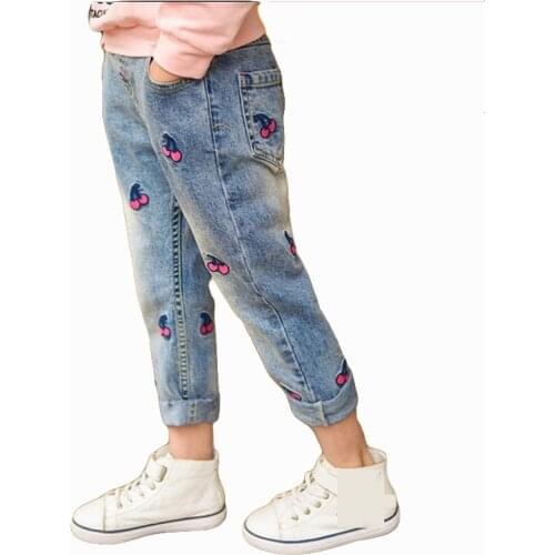 Girl Children 2021 New Kids Ripped Jeans Fashion All-Match Embroidered Pants Sweet Style Jeans 3-9T Casual Straight-Leg Jeans