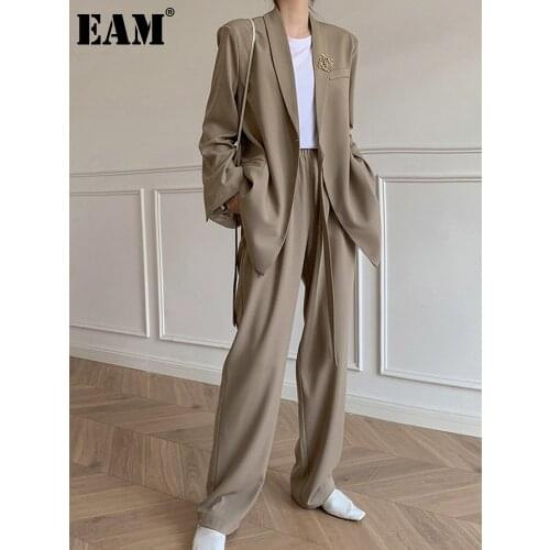 [EAM] Wide Leg Pants Bandage Two Piece Suit New Lapel Long Sleeve Loose Fit Women Fashion Tide Spring Autumn 2021 1DE2199