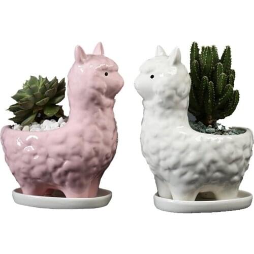 Nordic Ceramic Alpaca Flower Pot with Tray Creative Decorative Bonsai Succulents Plants Pot Animal Figurine Vase Home Decor
