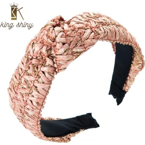 King Shiny Vintage Raffia Straw Headband for Woman Ethnic Hand Made Big Bowknot Twisted Wide-brimmed Hairband Girls Party Bezel